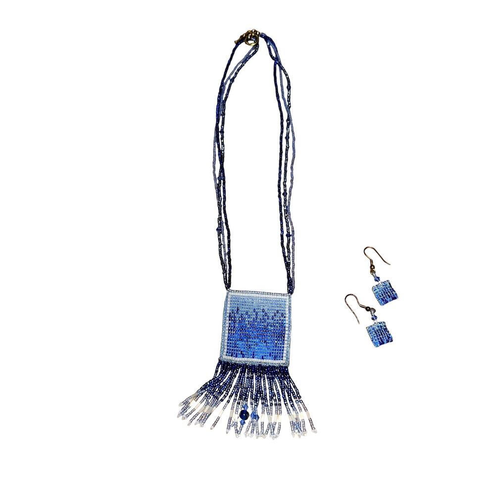 American Vintage Hand Beaded Necklace and Earrings Set Blue Ombre